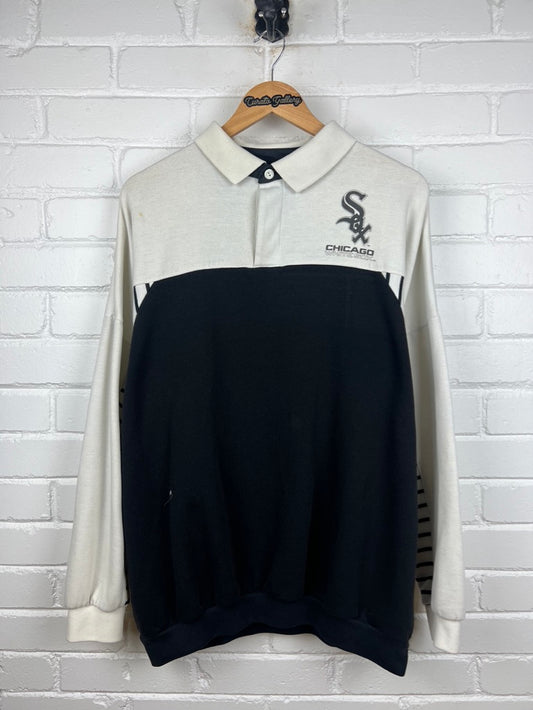 Vintage 80s/90s Chicago White Sox MLB Baseball Pinstriped Collared Sweatshirt Size XL