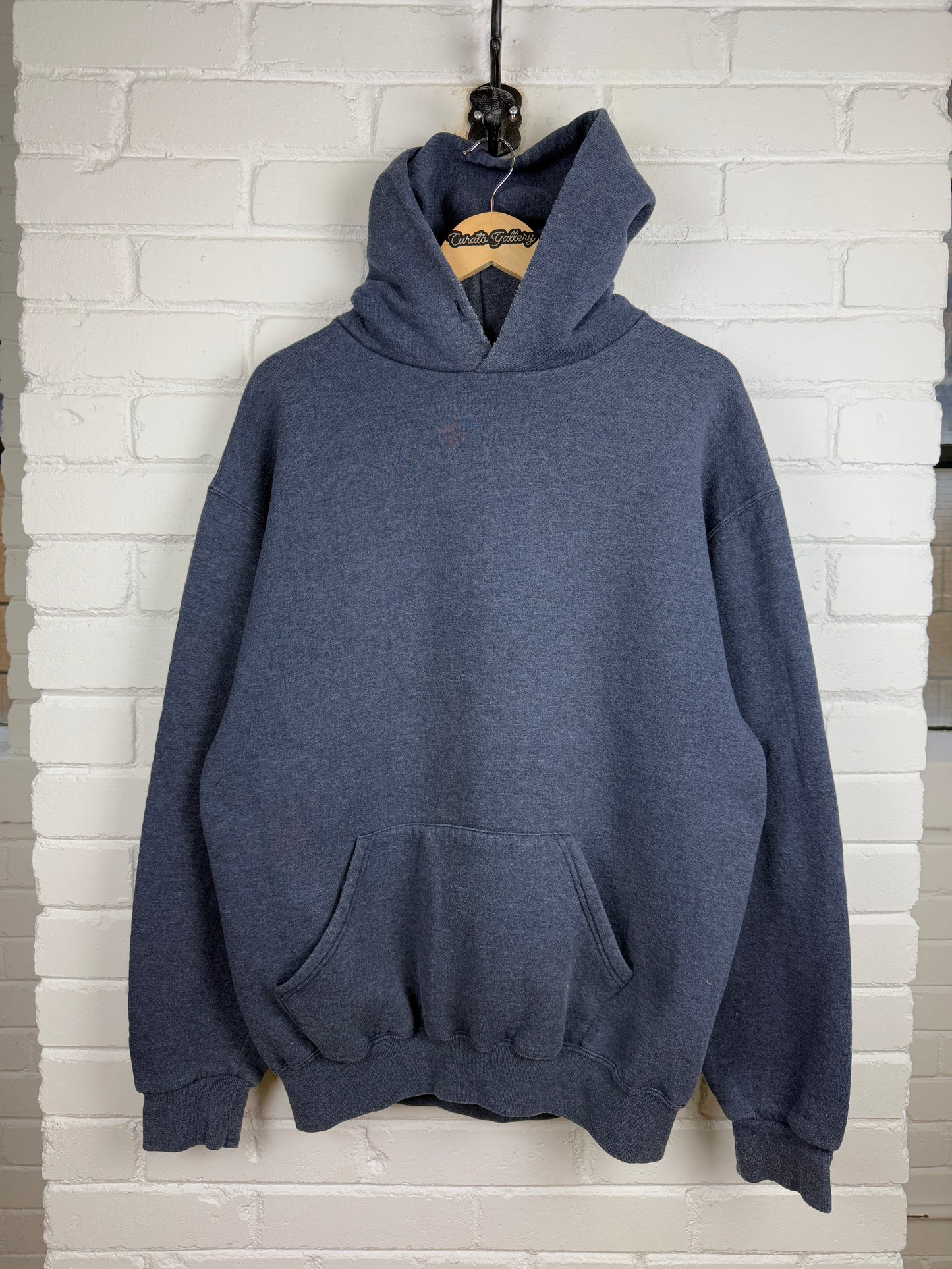 Vintage Russell Athletic Blank Hooded Sweatshirt Size LT Charcoal Blue