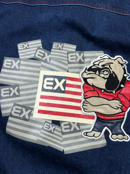 Vintage Y2K Exco Jeans Bulldog American Flag Trucker Denim Jacket Size L