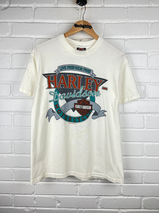 Vintage 1992 Harley Davidson Motorcycle Live Free Ride Free Bald Eagle T Shirt Size M 90s