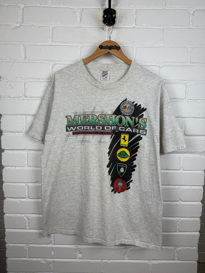 Vintage 1997 Mershons World Of Cars Exotic Ferrari Lots Viper Racing T Shirt Size XL 90s
