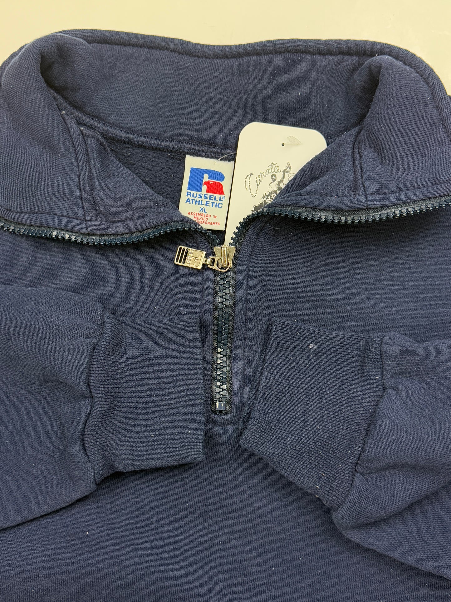 Vintage Russell Athletic Cropped Boxy Fit Blank 1/2 Zip Sweatshirt Size XL Navy Blue