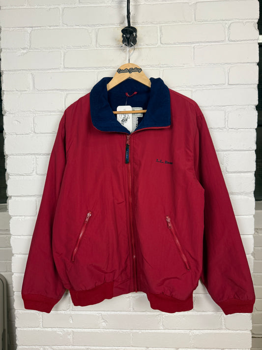 Vintage 90s LL Bean Fleece Lined Embroidered Spell Out Warm Up Jacket Size L Burgundy