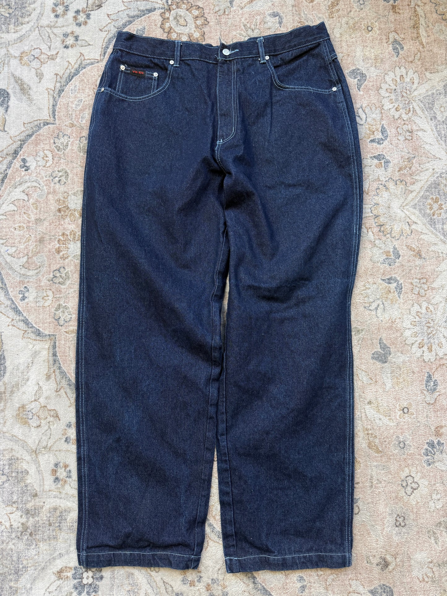 Vintage Y2K Vibes Jeans Embroidered Back Pocket Dark Blue Baggy Denim Pants Size 38W