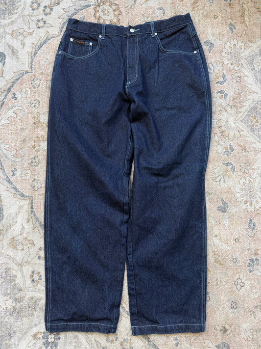 Vintage Y2K Vibes Jeans Embroidered Back Pocket Dark Blue Baggy Denim Pants Size 38W