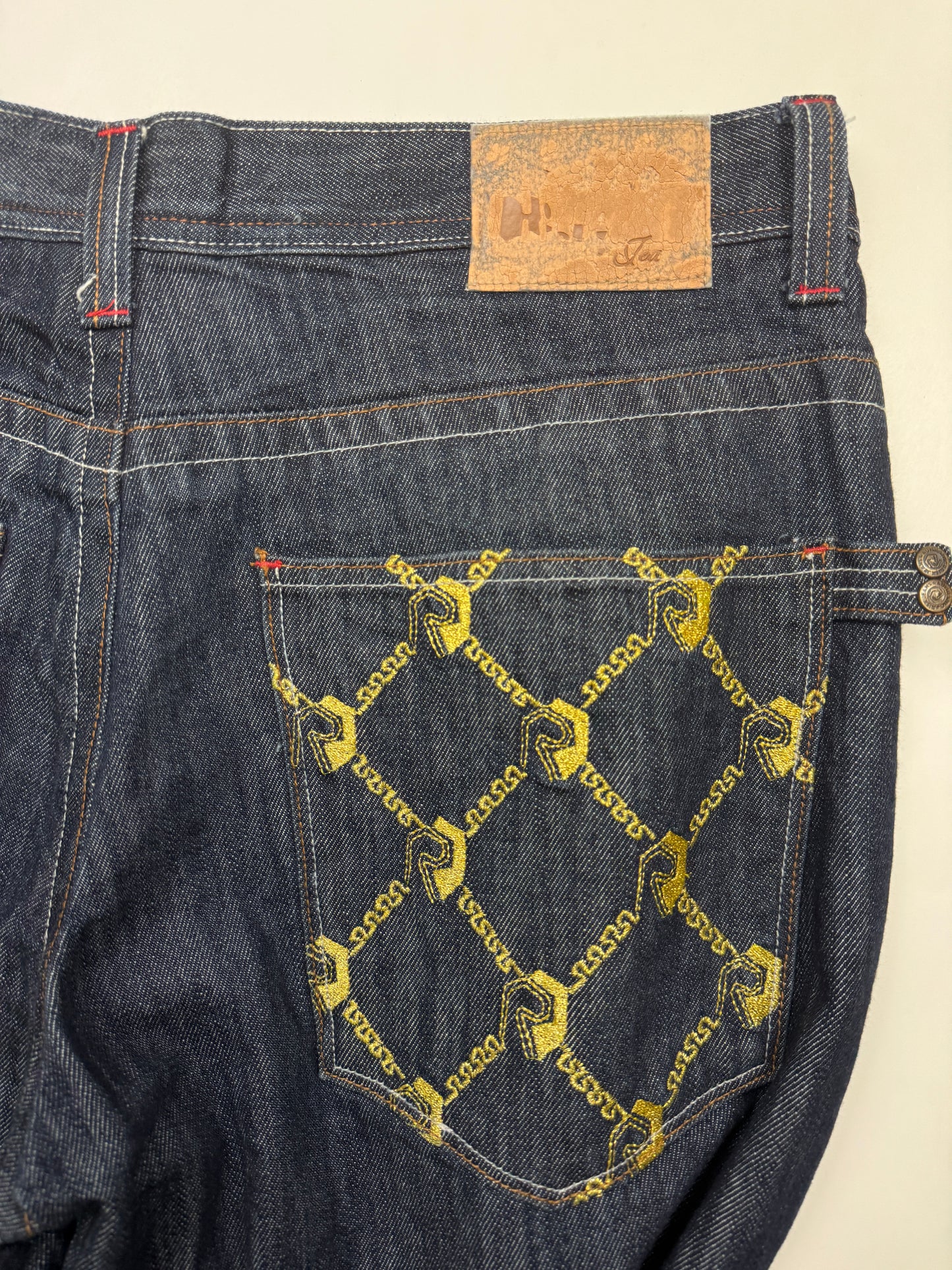 Vintage Y2K Risk Jeans Embroidered Back Pockets Regular Fit Dark Blue Denim Size 37W