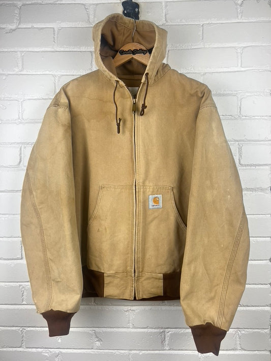 Vintage 90s Carhartt Thermal Lined Canvas Work Wear Hooded Bomber Jacket Size L