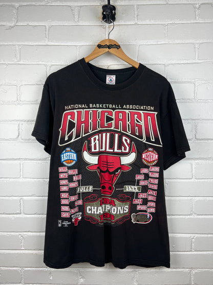 vintage 1998 Chicago Bulls NBA Champs Road To The Finals Stats Front & Back Graphic T Shirt Size L 90s