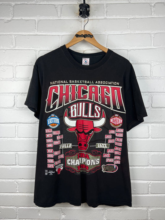 vintage 1998 Chicago Bulls NBA Champs Road To The Finals Stats Front & Back Graphic T Shirt Size L 90s