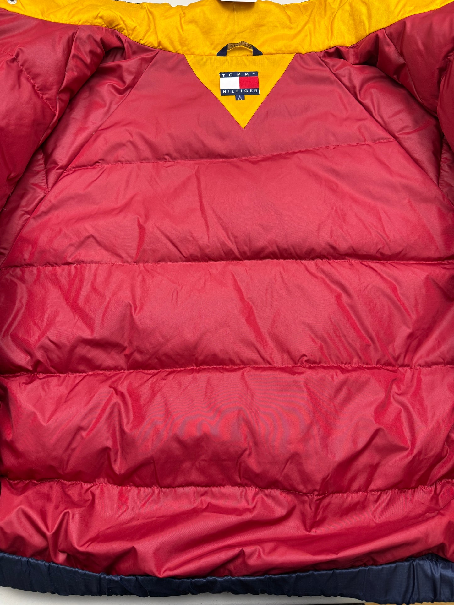 Vintage 90s Tommy Hilfiger Embroidered Flag Down Feathers Insulated Puffer Jacket Size L