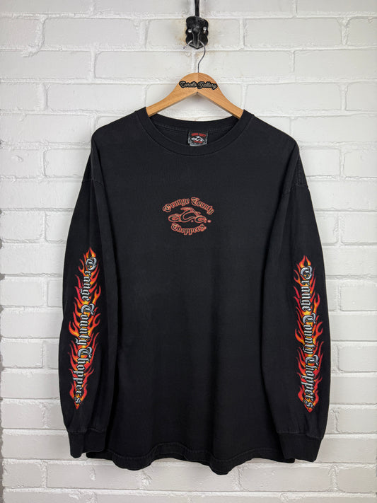 Vintage 2003 Orange County Choppers OCC New York Flames Chrome Long Sleeve T Shirt Size XL