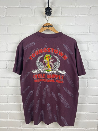 Vintage 1993 3D Emblem American Biker Ride American Youngstown 25 Anni AOP T Shirt Size XL