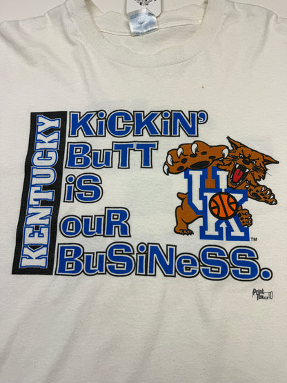 Vintage 90s Kentucky Wildcats Basketball NCAA Kickin Butt Is Our Business T Shirt Size XXL