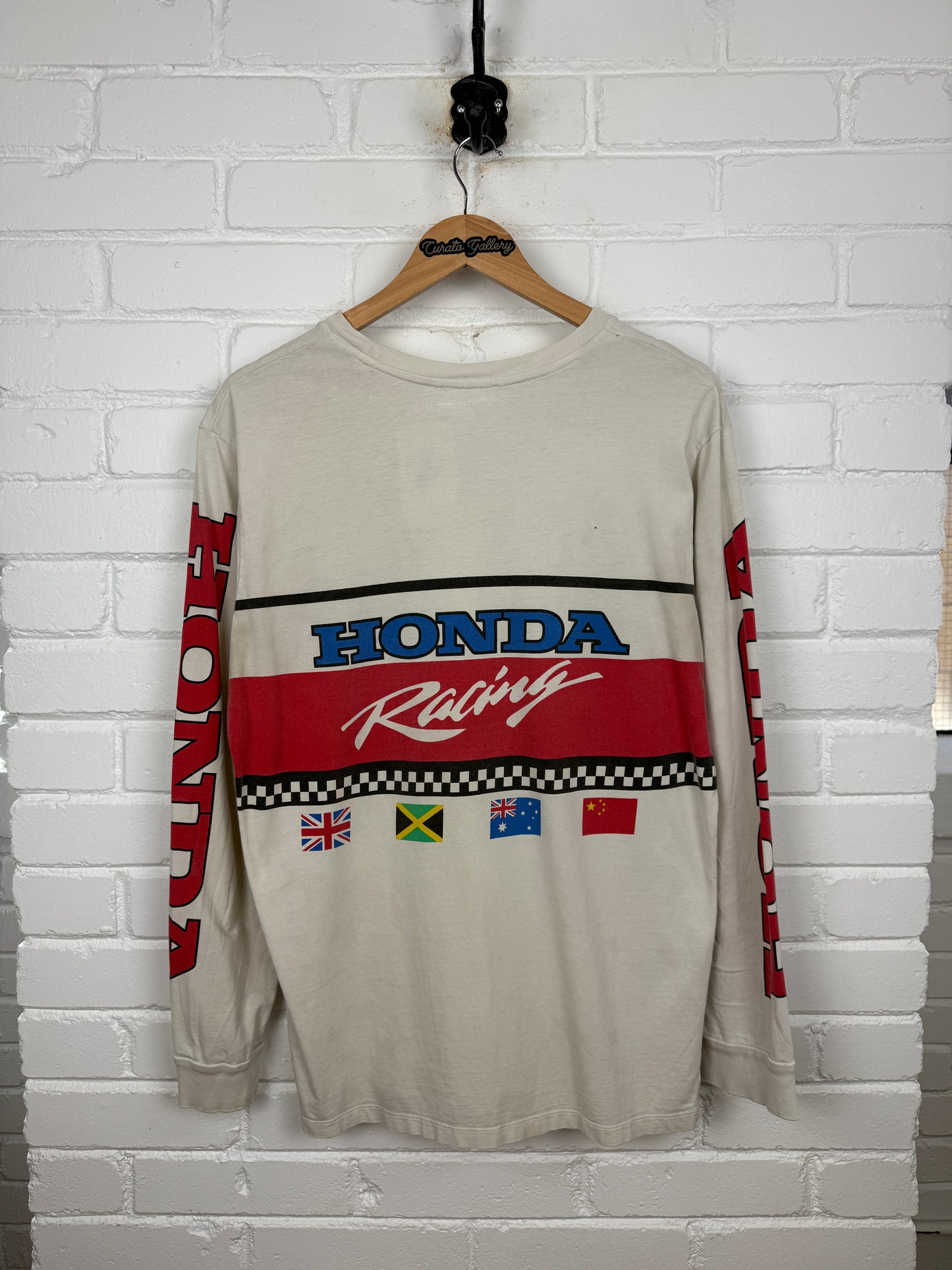 Vintage 90s Honda Racing 500 Flags Sleeve Spell Out Long Sleeve T Shirt Size L