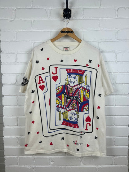 Vintage 1993 The Gambler Face Cards All Over Print Gambling T Shirt Size XL 90s