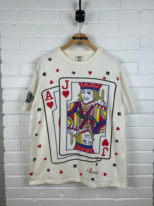 Vintage 1993 The Gambler Face Cards All Over Print Gambling T Shirt Size XL 90s