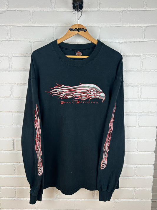 Vintage 2000 Harley Davidson Motorcycles Illinois Flaming Eagle Long Sleeve T Shirt Size XL