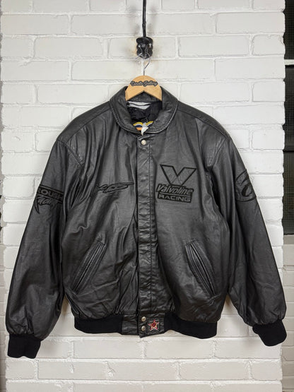 Vintage 90s Mark Martin Valvoline Racing Jeff Hamilton Leather Bomber Jacket Size L Black