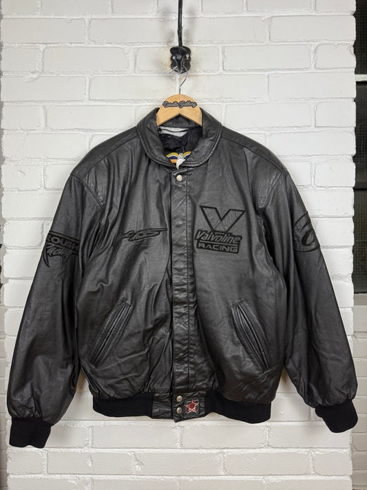 Vintage 90s Mark Martin Valvoline Racing Jeff Hamilton Leather Bomber Jacket Size L Black