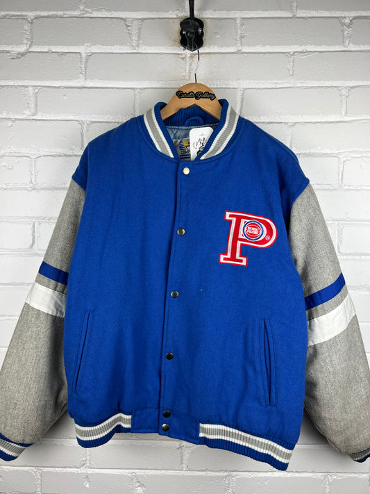 Vintage 80s/90s Detroit Pistons NBA Script Spell Out Insulated Wool Bomber Jacket Size XL