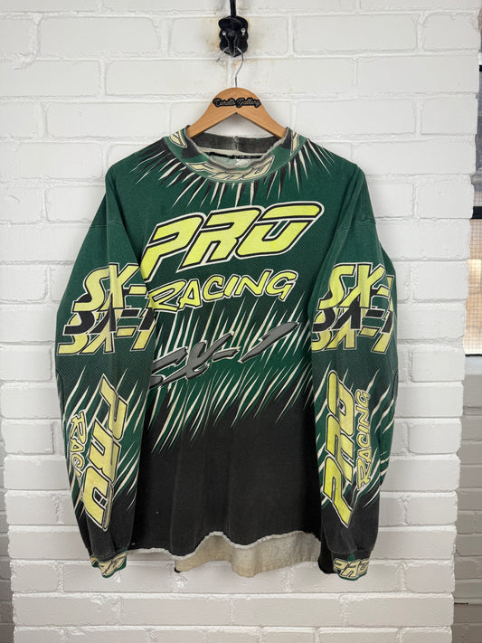 Vintage 90s Pro Racing SX1 All Over Print Motocross Green Long Sleeve T Shirt Jersey Size XL