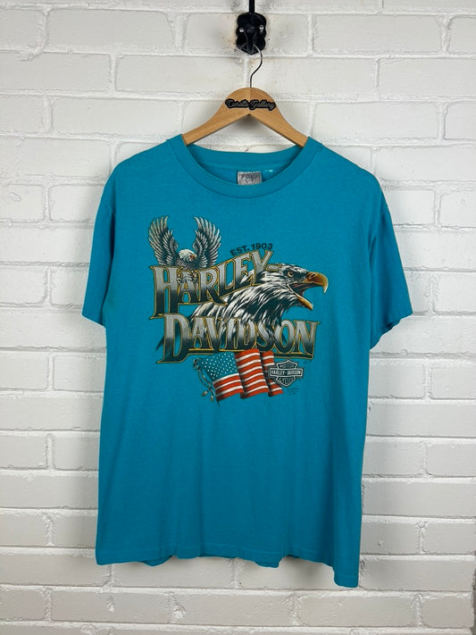 Vintage 1990 3D Emblem Harley Davidson Kansas Bald Soaring Eagle Size L