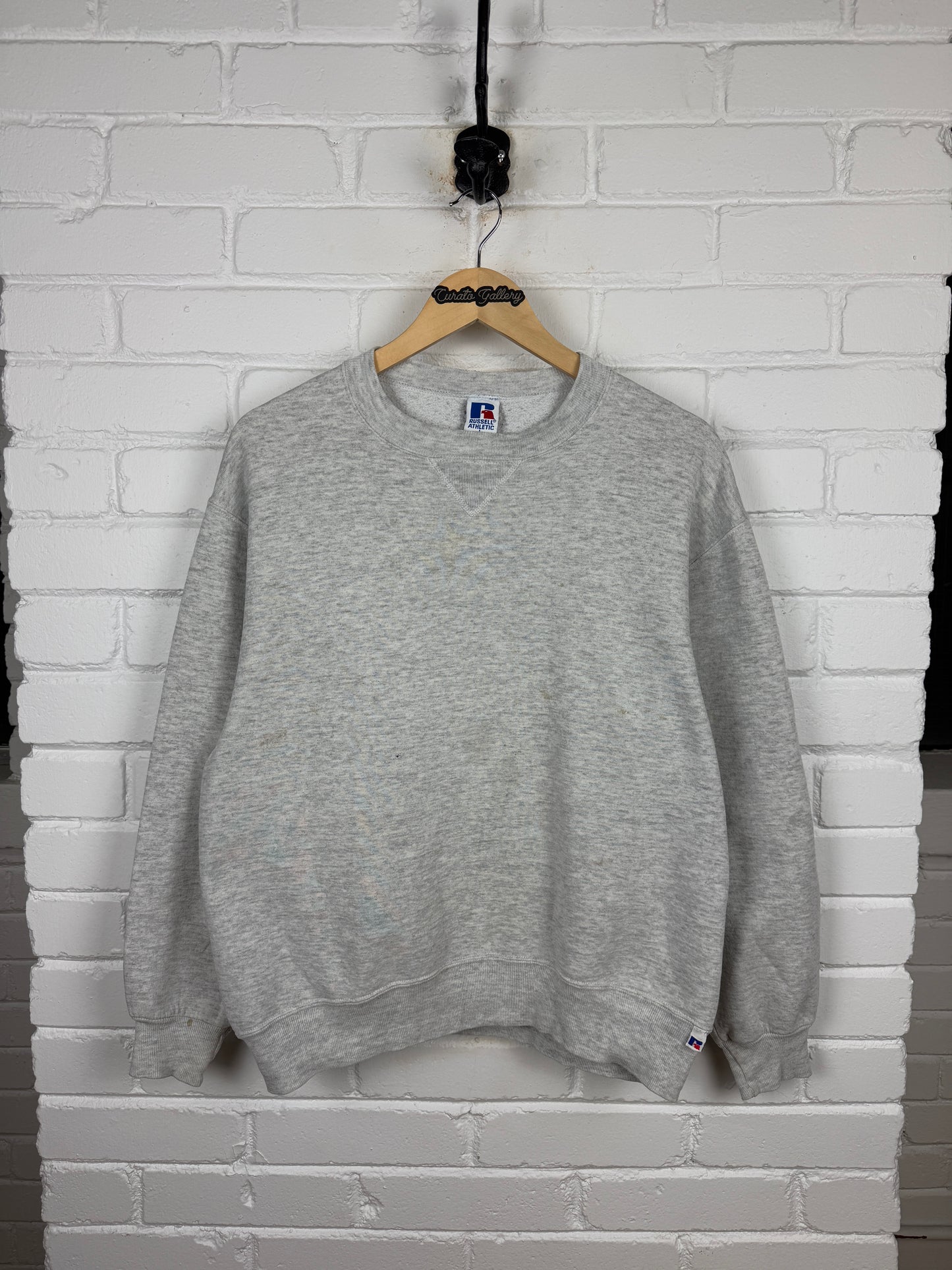 Vintage 90s Russell Athletic Cropped Boxy Fit Blank Crewneck Sweatshirt Size L Heather Gray