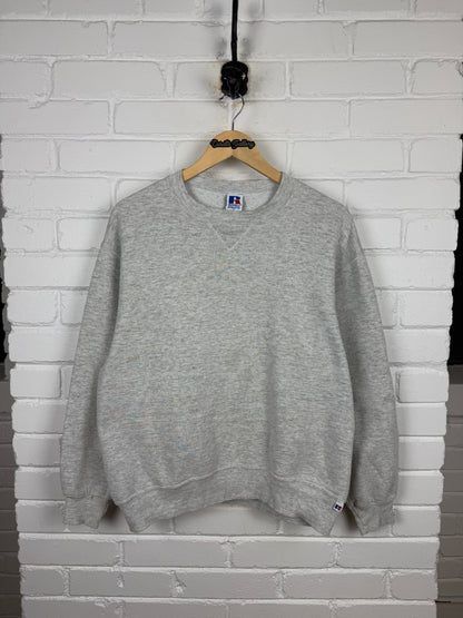 Vintage 90s Russell Athletic Cropped Boxy Fit Blank Crewneck Sweatshirt Size L Heather Gray
