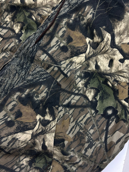 Vintage 90s Mossy Oak Break Up Camo Quilted Lined Insulated Hooded Bomber Jacket Size XL