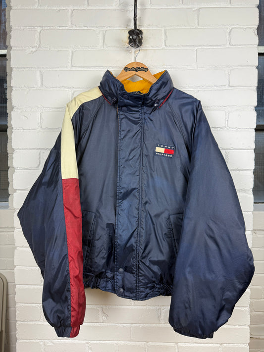 Vintage 90s Tommy Hilfiger Embroidered Flag Down Feathers Insulated Puffer Jacket Size L