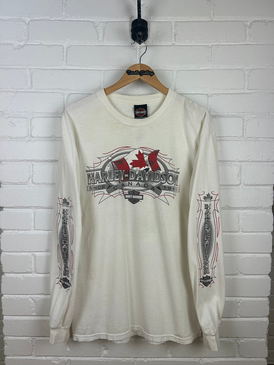 Vintage 2001 Harley Davidson Motorcycles Canada Tribal Print Long Sleeve T Shirt Size L