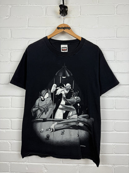 Vintage 1994 Looney Tunes Black Out Taz Bugs Daffy Sylvester Pool Table T Shirt  Size L 90s