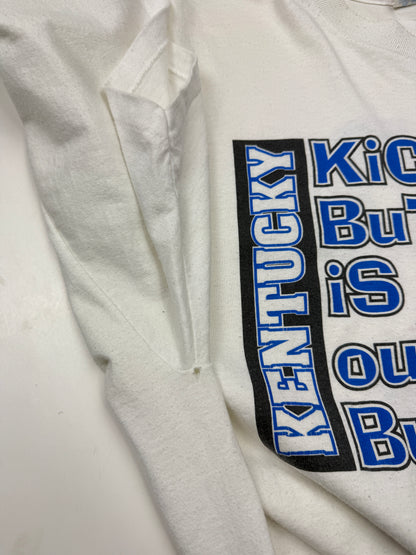 Vintage 90s Kentucky Wildcats Basketball NCAA Kickin Butt Is Our Business T Shirt Size XXL