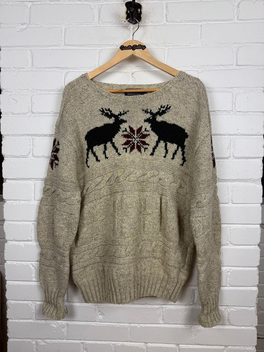 Vintage 90s Polo Ralph Lauren Reindeer Snowflake Wool Hand Knit Cable Sweater Size XL