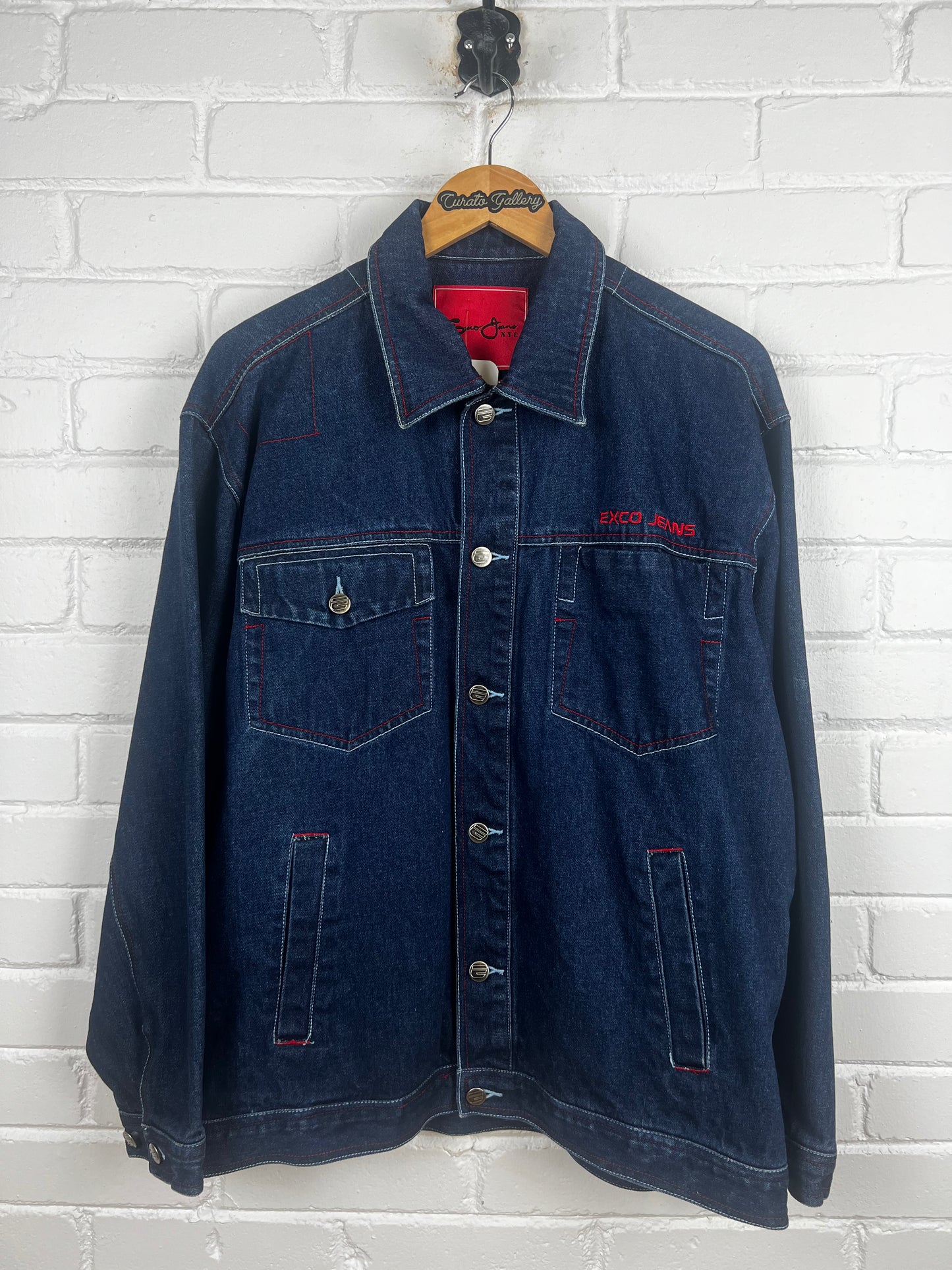 Vintage Y2K Exco Jeans Bulldog American Flag Trucker Denim Jacket Size L