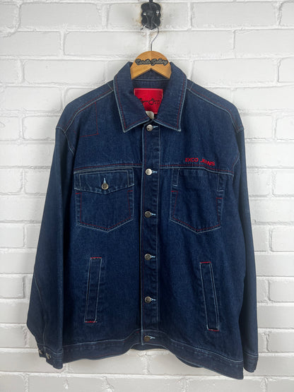 Vintage Y2K Exco Jeans Bulldog American Flag Trucker Denim Jacket Size L