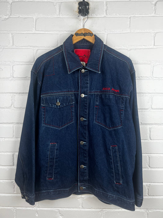 Vintage Y2K Exco Jeans Bulldog American Flag Trucker Denim Jacket Size L