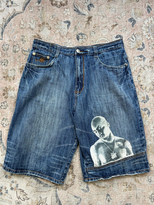 Vintage Y2K Makaveli 2 Pac Baggy Fit Dark Wash Jean Jorts Short Size 38W