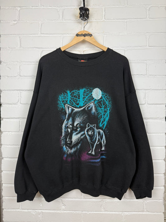 Vintage 90S Wolf Full Moon Art Nature Wilderness Graphic Sweatshirt Size XXL