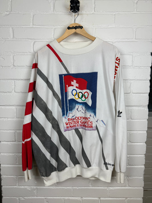 Vintage 80s Adidas Olympics Winter Games St Mortiz 1928 Switzerland Squaw Valley Sweatshirt Size XL