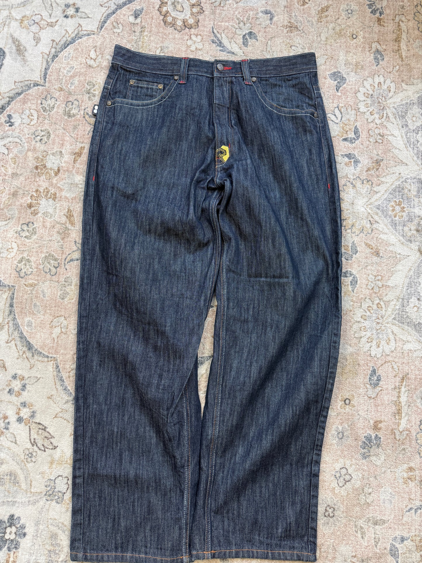 Vintage Y2K Risk Jeans Embroidered Back Pockets Regular Fit Dark Blue Denim Size 37W