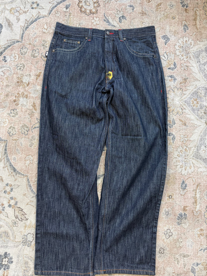 Vintage Y2K Risk Jeans Embroidered Back Pockets Regular Fit Dark Blue Denim Size 37W