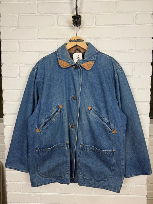Vintage 90s Eddie Bauer Leather Trim Denim Chore Barn Coat Jacket Size XL
