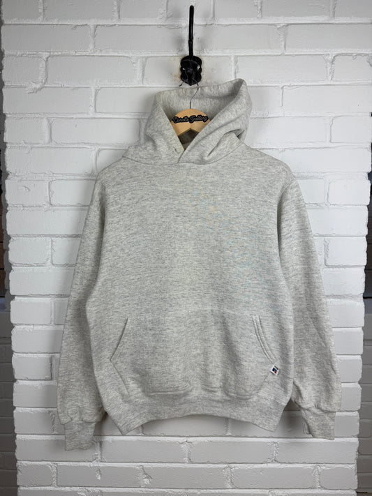 Vintage 90s Russell Athletic Cropped Boxy Fit Blank Hooded Sweatshirt Size M Heather Gray