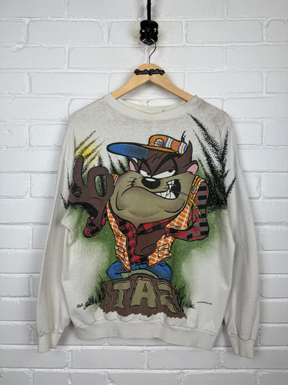 Vintage 1995 Looney Tunes Taz Farmer All Over Cartoon Print Crewneck Sweatshirt Size L 90s