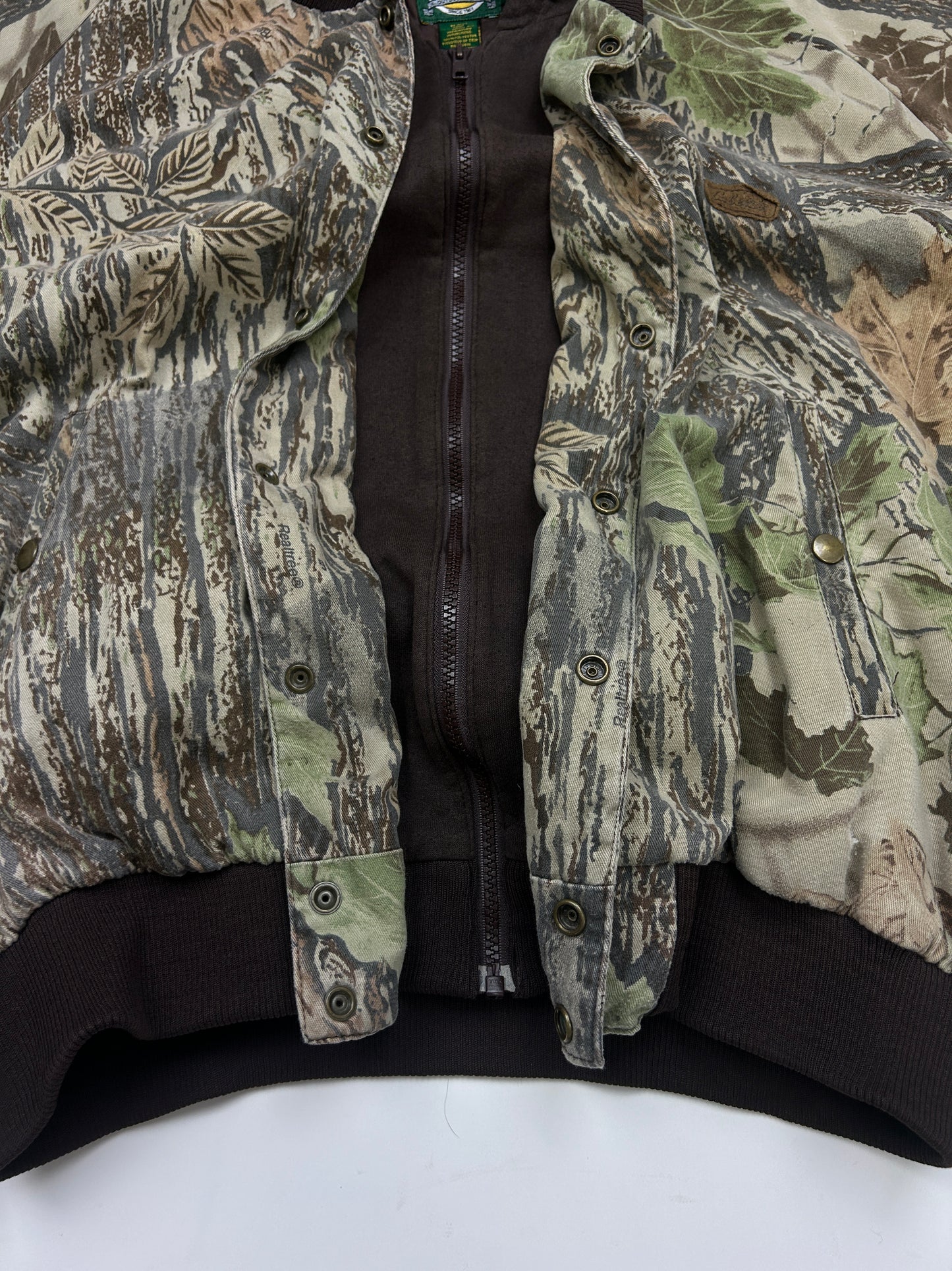 Cabelas Real Tree Camo Quilted Lined Insulated Hooded Bomber Jacket Size L