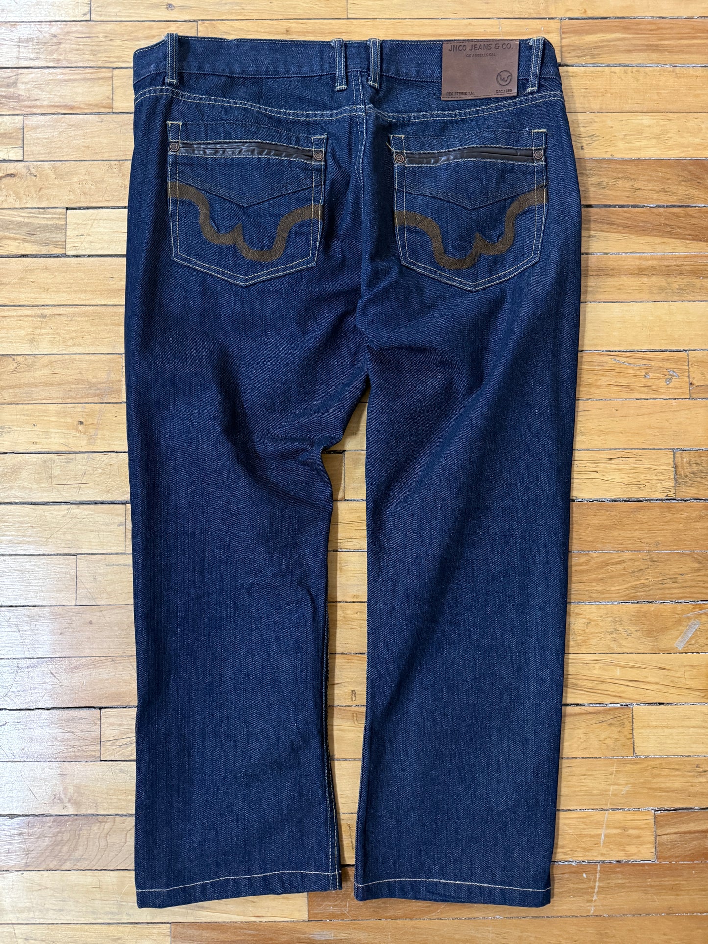 Vintage Y2K JNCO Slim Straight 101 Dark Wash Embroidered Pockets Denim Jeans Size 42W