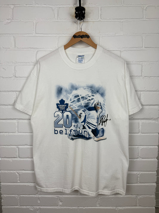 Vintage Toronto Maple Leafs Ed Belfour #20 NHL Goalie Hockey Graphic T Shirt Size XL
