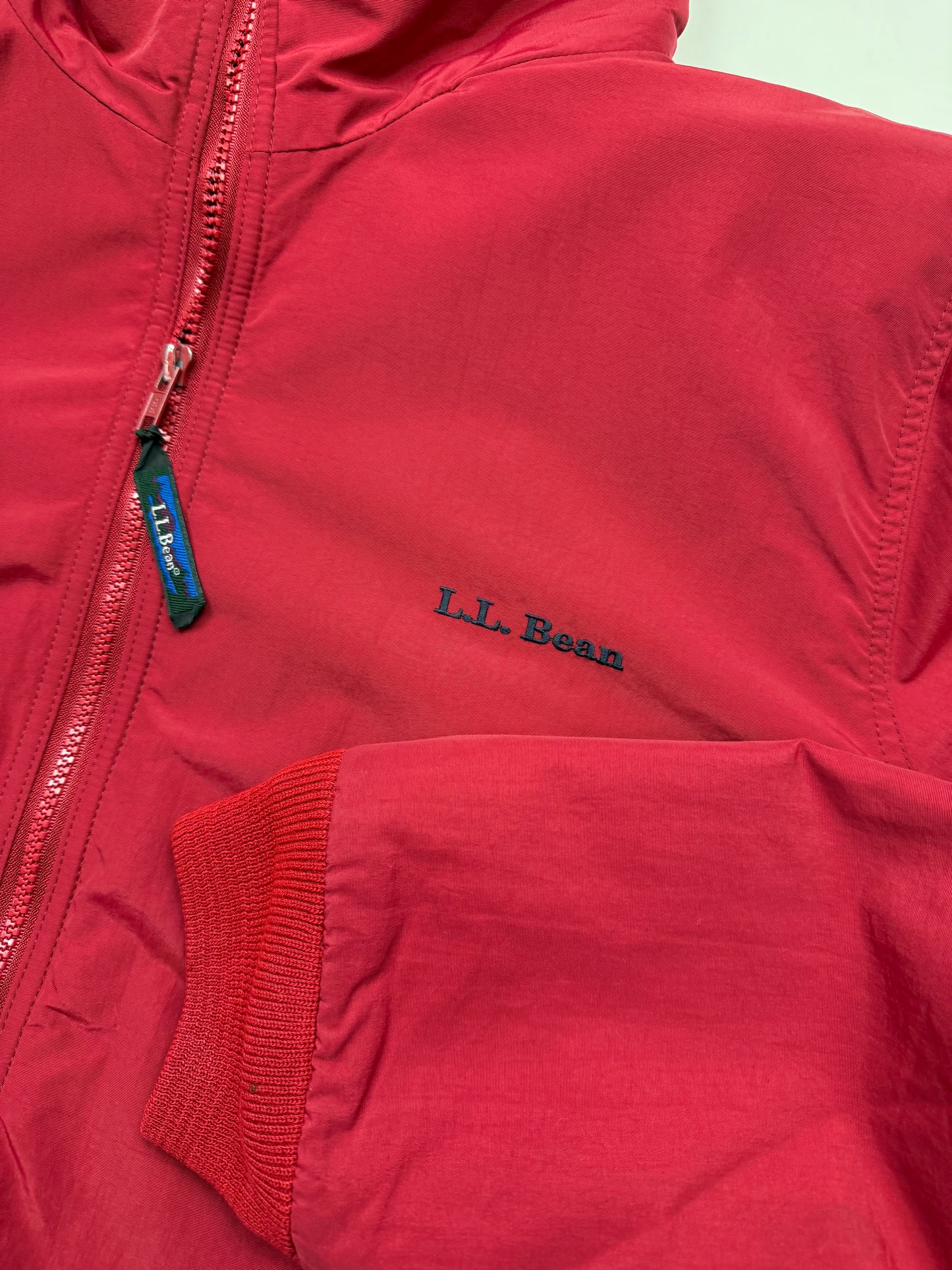 Vintage 90s LL Bean Fleece Lined Embroidered Spell Out Warm Up Jacket Size L Burgundy