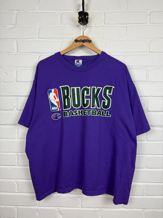 Vintage 90s Milwaukee Bucks NBA Basketball Champion Cropped Boxy T Shirt Size XXL Purple